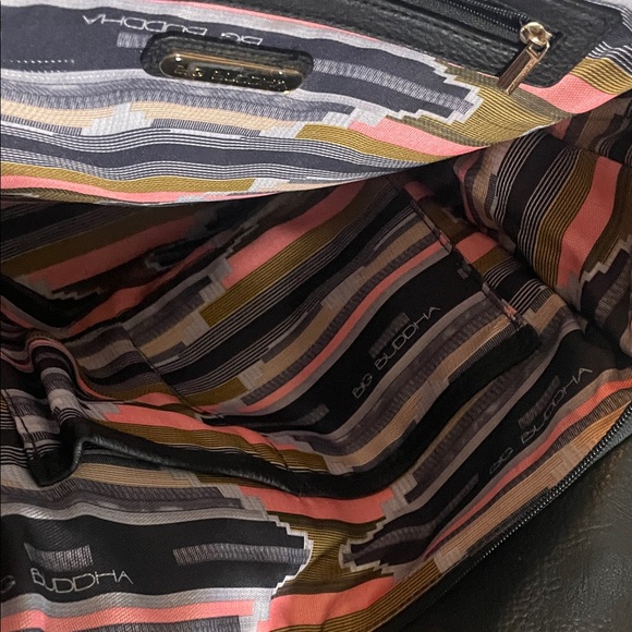 Big Buddha Black Quilted Shoulder Bag with Gold Bead Trim and Tan Edging - Picture 3 of 10